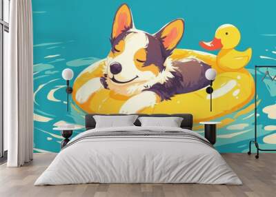 Adorable dog with a duck floatie a whimsical animal cartoon design for various uses like t shirts greeting cards invitations or mascots Wall mural