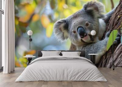 Adorable koala bear sitting in eucalyptus tree in the wild natural habitat Wall mural