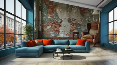 Aged room with weathered brick backdrop Wall mural