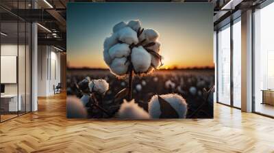 Agriculture Beautiful, perfect cotton capsules with blue sky, sunset, high productivity Agribusiness. Generative AI Wall mural