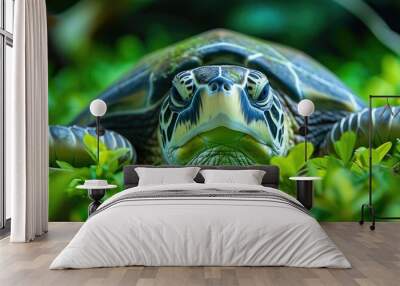 An adorable upside-down green turtle blissfully napping on lush grass. Wall mural