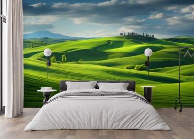 An artful natural landscape featuring a lush green hillside with trees, grasscovered slope, and a blue sky with fluffy clouds in the background Wall mural