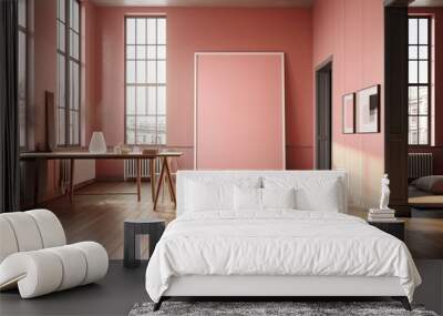 An empty room's interior has walls painted in pink and white, a dark wooden floor, and a vertical mock up poster frame. Idea behind advertising. Generative AI Wall mural