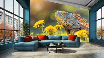 An iguana is soaking up the sunlight and preparing to consume dandelions Wall mural