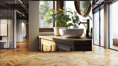 an wooden vanity counter with whiteceramic washbasin and modern style faucet in a bathroom with morning sunlight and shadow. Blank space for products display mockup. Generative AI Wall mural