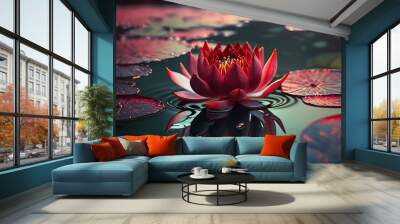 Aquatic plant, buddhist symbol red lotus water flower growing on water's surface. Background purity of nature. Generative AI Wall mural