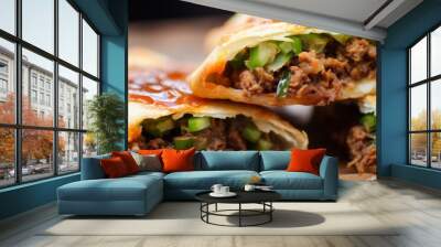 Arranged on a sheet of paper are three different types of food, creating a simple yet interesting composition Wall mural