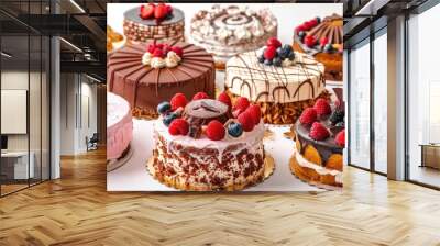 Assorted colorful cakes on white background Wall mural