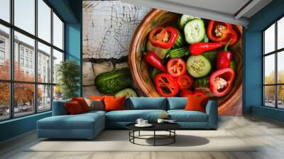 Assorted cucumbers and red bell peppers pickled in a traditional Romanian clay bowl Overhead view Wall mural