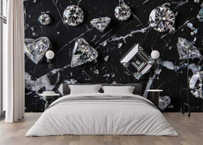 Assorted diamond shapes on black marble princess cushion heart pear marquise radiant Asscher emerald and oval Wall mural