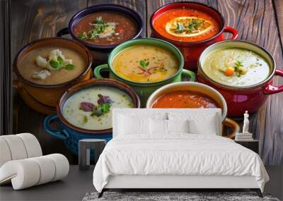 Assorted homemade soups in enamel mugs with healthy food concept Wall mural