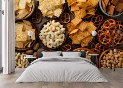 Assorted snacks pretzels crackers chips nuts and nachos Wall mural