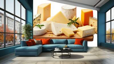 Assorted types of cheese separated on a plain transparent background. Wall mural