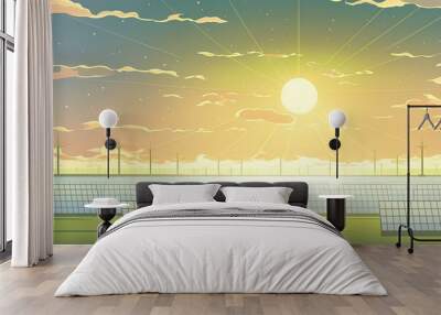 Attractive sundown over a solar farm. Generative AI Wall mural