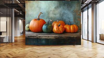 Autumn harvest of pumpkins on rustic wood table Wall mural