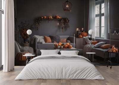 Autumn interior of living room with grey sofa, fireplace and pumpkins. Generative AI Wall mural