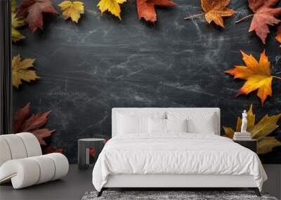 Autumn leaves flat lay mock up on blackboard background with empty space Wall mural