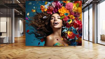 background of a vibrant floral design, a fashionable girl with flowing hair exudes beauty, blending effortlessly with natures colorful celebration and the ornamental beauty of flowers during a happy Wall mural