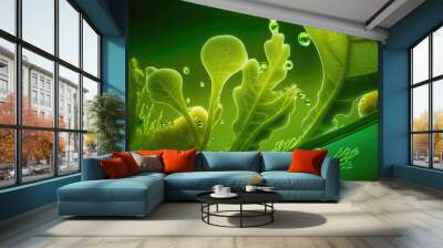 Background of green algae in nature, water sea plant research in an environmental science lab, aquatic seaweed leaf macro structure, organic life in biotechnology, and usage of biofuel. Generative AI Wall mural