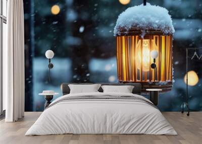 bamboo lampshade with glowing light bulb and snow accumulation Wall mural