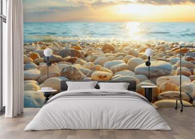 Beach made of stones with a backdrop of a clear sky and ocean Wall mural