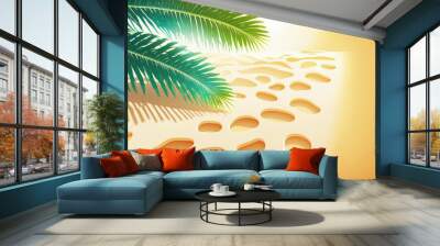 Beautiful abstract background concept banner for a beach trip in the summertime, with a palm leaf shadow on an abstract white sand beach background and sun lights on the water's surface. Generative AI Wall mural