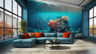 Beautiful coral reef smothered in trash at the bottom of the ocean. Egyptian Red Sea. Generative AI Wall mural