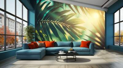 Beautiful nature green palm leaf blurred against an abstract bokeh sun light wave background on a tropical beach. Summer vacation and business travel concept copy space. color style with a vintage ton Wall mural