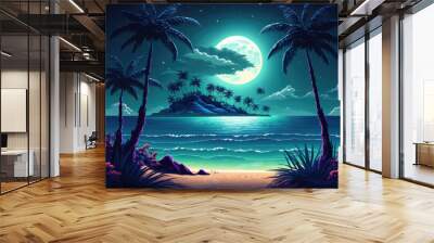 Beautifully imagined tropical beach at night, with stars and the full moon in the night sky. Generative AI Wall mural