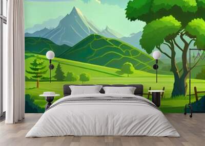 Best Cartoon nature landscape at early morning. Rural dirt road going along green field with deciduous trees and mountains view. Scenery game background, illustration Wall mural