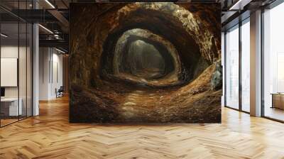 Bifurcated subterranean passage in ancient mine. Wall mural