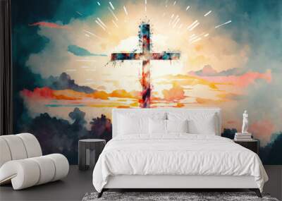 blurry abstract background Painting in watercolor depicting a conceptual cross or other religious symbol over a sky at sunset with clouds as God. illustration. Generative AI Wall mural