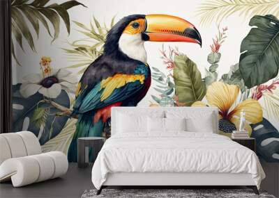 Bright tropical image in a seamless pattern with watercolor toucan, flowers, orchids, and palm fronds on a white backdrop. Generative AI Wall mural