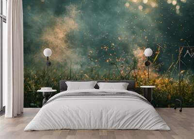 Burning grass in a field with wild weeds and green natural backdrop Wall mural