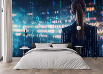 Businesswoman in a futuristic setting, accompanied by a digital backdrop of binary numbers in cyberspace. Wall mural