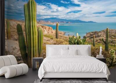 Calm desert landscape with cactus and sea view Wall mural