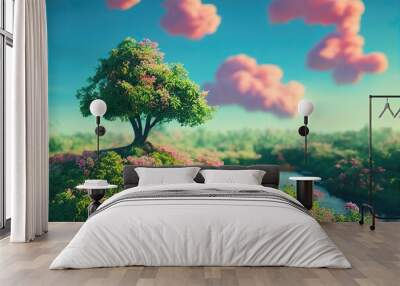 cartoon nature with tree, flower, cloud Wall mural