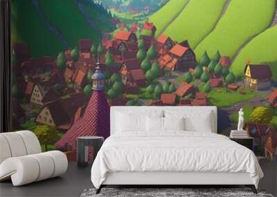 Cartoon village From drone view. Digital Illustration. Wall mural