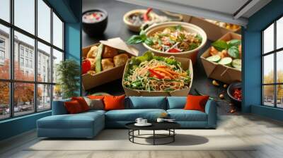 Celebrate World Food Safety Day on June 7 with Eco craft Paper Food Containers featuring the innovative concept of using kraft paper for safe and eco friendly packaging in food delivery serv Wall mural