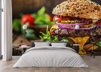 Cheeseburger with beef cheddar and fresh vegetables on a rustic wooden tabletop Wall mural