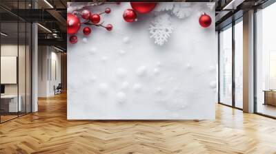 Christmas scene with presents wreaths and red decorations on a gray background Represents the holiday season Wall mural