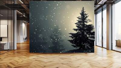 Christmas tree silhouette with falling snow in the background Wall mural