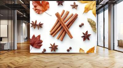 Cinnamon Sticks on White Background with Autumn Harvest Elements Wall mural