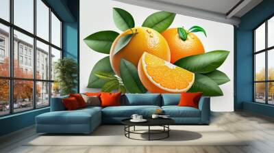 Citrus fruit in the color orange, with leaves on a white backdrop. Juicy, sweet, and recognized for its high vitamin C content. Generative AI Wall mural