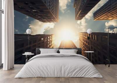 City view showcasing tall buildings and a bright sun shining down on the urban landscape Wall mural