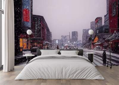 cityscape of Sapporo city in snowy day with copy space, Hokkaido, Japan, winter season. Wall mural