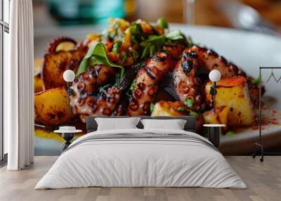 Classic Portuguese dish featuring grilled octopus, potatoes, garlic, and salsa. Wall mural