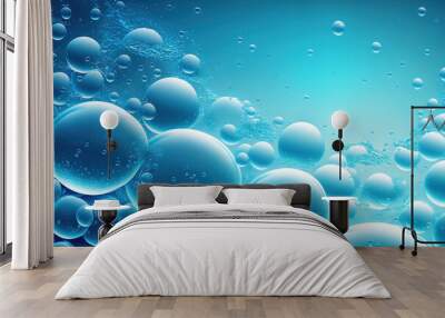 Clear, transparent water surface texture in a transparent blue tone with bubbles, splashes, and ripples. background with abstract nature With copy space, sunlight and water waves emulsion micellar ton Wall mural