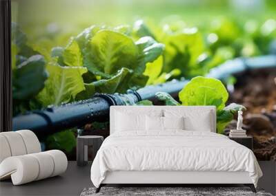 Close up of a water efficient drip irrigation system in an organic salad garden Wall mural