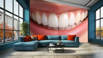 Close-up of a woman's perfect white crown teeth with dental care and stomatology, dentistry copyspace, including banner tooth whitening, shade guide bleach color, and female veneer smile. Wall mural